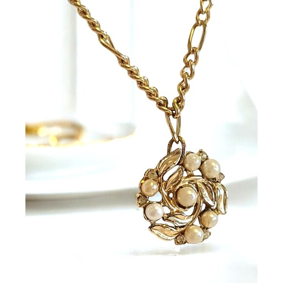 Vintage Faux Champagne Pearl Filigree Pendant Necklace 14kGP Gold Chain 20" - Picture 1 of 8